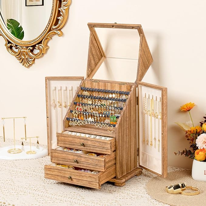 Jewelry Box Organizer, Rustic Wooden Jewelry Boxes for Women Girls, Large Storage Earring Holder Organizer Display for Earrin
