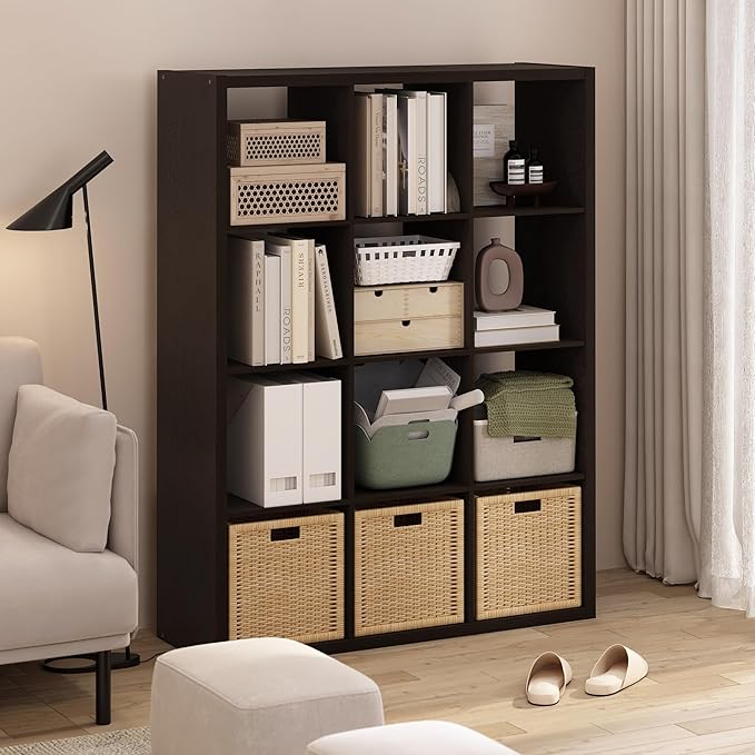 Furinno Cubicle Book Shelf, 12-Cube Bookshelf, Extra Thick Frame Reversible Bookcase with Open Back, 14.6" x 44" x 58", for L