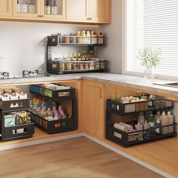 2 Packs 21IN Depth Under Sink Organizer, 2-Tier Pull Out Cabinet Organizer With Smooth Circular Rail, Large Capacity Metal Me
