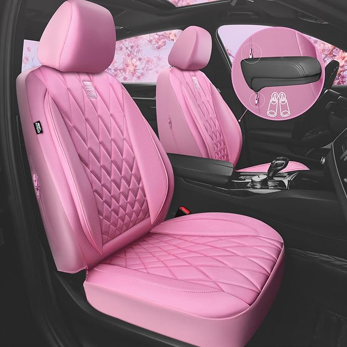CAR PASS Piping Luxury Leather Two Front Car Seat Covers, Cute Girly Waterproof Anti Slip Seat Covers Compatible with Front S