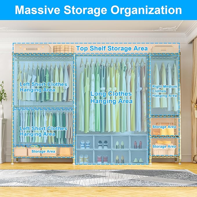 Ulif E10 Clothes Rack（With Stretchable Hanger Rod）Freestanding Clothing Racks for Hanging Clothes，Adjustable Closet Organizer