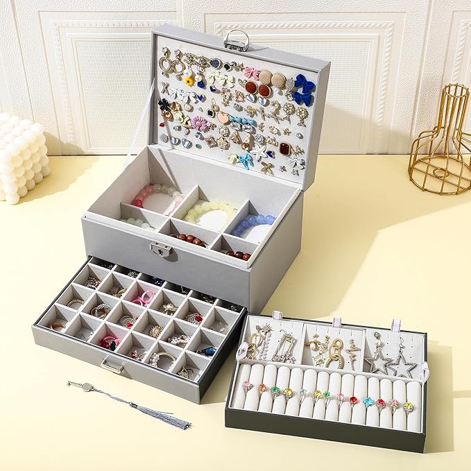 BOOVO Earring Jewelry Box For Women Girl Stud Organizer, 5 Layers Girl Jewelry Organizer Box With Lock Earring Holder Organiz