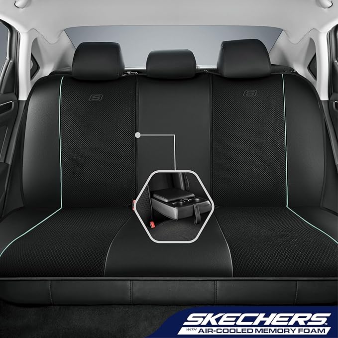 Skechers Air-Cooled Memory Foam Seat Cover,Mesh Thick Car Seat Covers,Piping Leather Car Seat Cover,Airbag Compatible,Automot