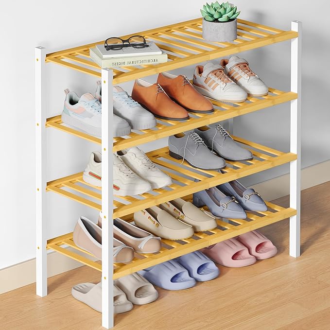 Smiry Bamboo Shoe Rack for Closet, 4 Tier Wooden Stackable Shoe Organizer, Free Standing Shoes Storage Shelf for Entryway, Fr