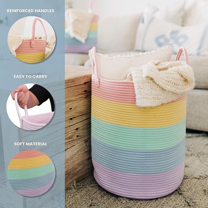 OrganiHaus Large Rainbow Woven Laundry Basket w/Handles 52L, Decorative Toy Storage Bin for Nursery, Colorful Blanket Basket 