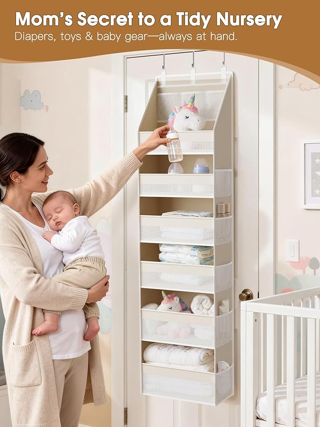 Criusia Over the Door Organizer, 6-Shelf Closet Hanging Storage with 13 Mesh Pockets, 55lbs Capacity Behind the Door Storage 