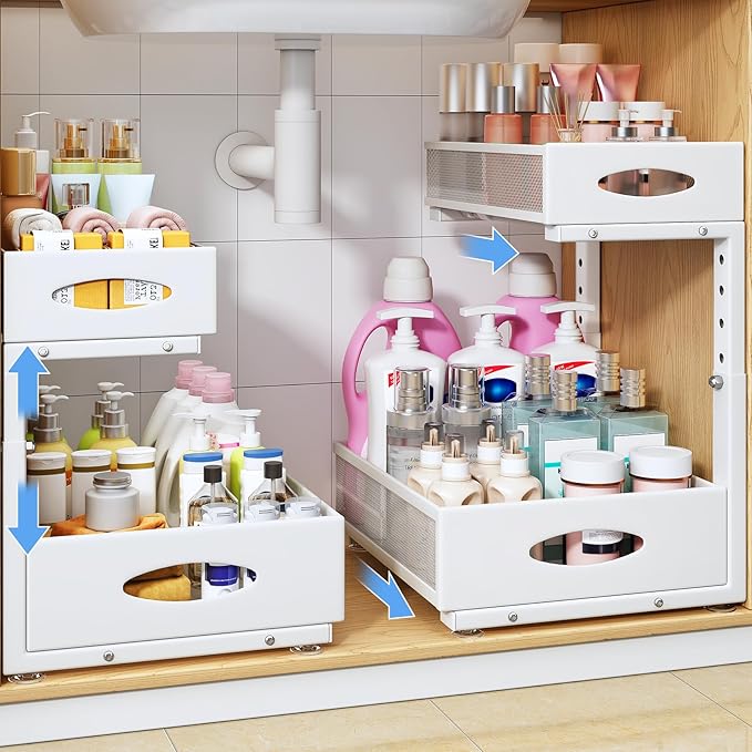 Under Sink Organizer, 2 Pack 2 Tier Pull Out Under Cabinet Organizer Shelf with Pad for Framed Cabinets, Metal Slide Out Unde