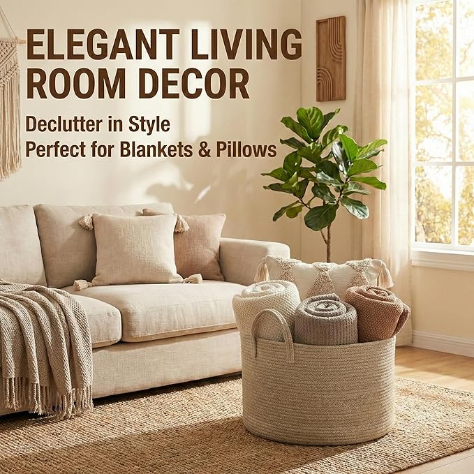 JMvicyroam 65L Extra Large Blanket Basket for Living Room - Woven Cotton Rope Laundry Hamper with Reinforced Handles - Storag