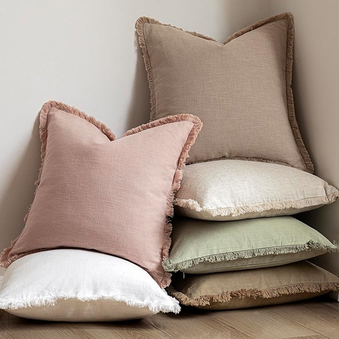 Foindtower Set of 2 Decorative Linen Fringe Throw Pillow Covers Boho Farmhouse Cushion Cover with Tassels Soft Accent Pillowc