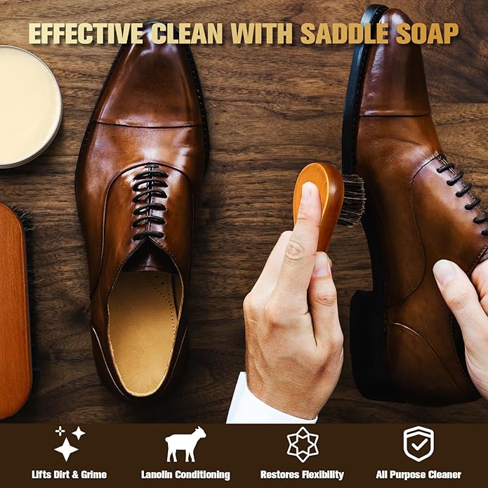 7-in-1 Leather Care Kit, Saddle Soap for Leather, Mink Oil 3.52oz for Leather Boots with 2 Horsehair Brush, Portable Leather 