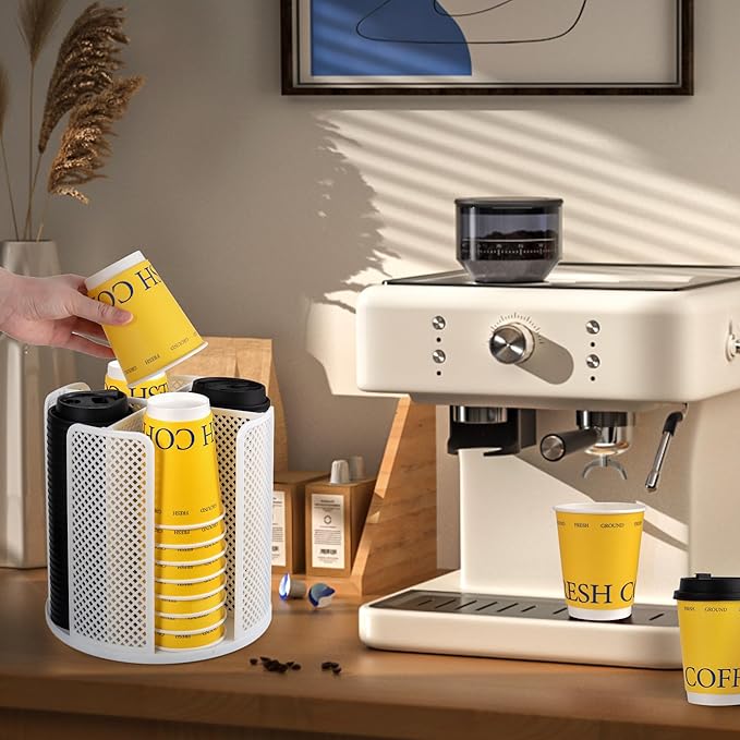 4-Compartment Rotating Paper Cup Holder & Coffee Cup Lid Storage Dispenser, Plastic Cup Dispenser Removable, Space-Saving Cou