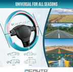 PIC AUTO Steering Wheel Cover, Pink Patterned & Blue Leather Patchwork Design, Universal Fit 14.5"–15.5", Anti-Slip, Odor-Fre