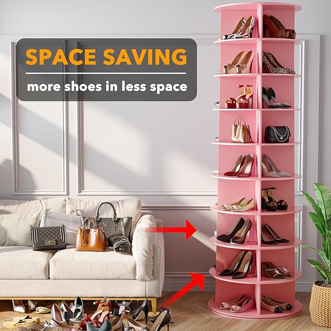 SpaceAid 9 Tier Rotating Shoe Rack Tower, Spinning Shoe Display Lazy Susan, Revolving 360 Shoe Rack Storage Round Carousel, V