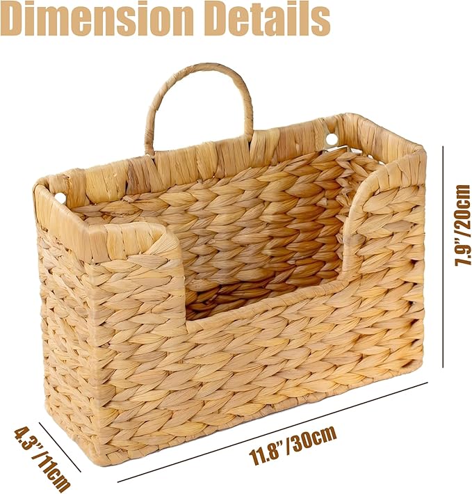 Set of 2 Magazine Holder Wall Basket Water Hyacinth Woven Mail Organizer, Wicker Wall Hanging Baskets for Magazines, Letters 