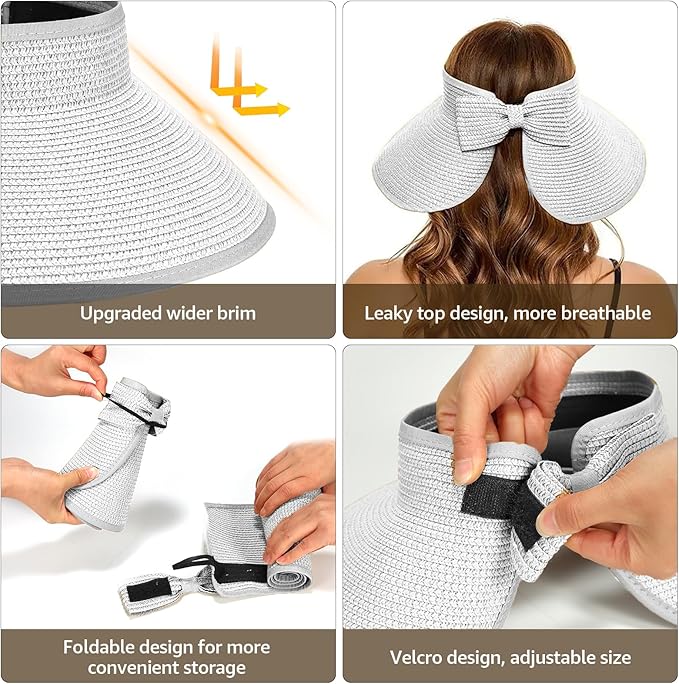 Sun Visor Hat for Women, Wide Brim Straw Summer UV Protection Hat, Foldable Roll-up Packable Beach Cap
