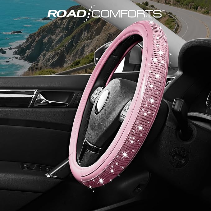 Road Comforts Bling Steering Wheel Cover – Pink Diamond Design, Universal Fit 14.5-15 Inch, Microfiber Leather, Anti-Slip & B