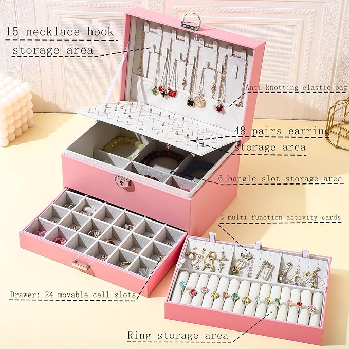 BOOVO Earring Jewelry Box For Women Girl Stud Organizer, 5 Layers Girl Jewelry Organizer Box With Lock Earring Holder Organiz