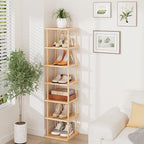Vertical Tall Shoe Rack For Entryway - Tall 7 Tier Free Standing Slim Narrow Bamboo Wood Shoe Boots Storage Shelf Small Space