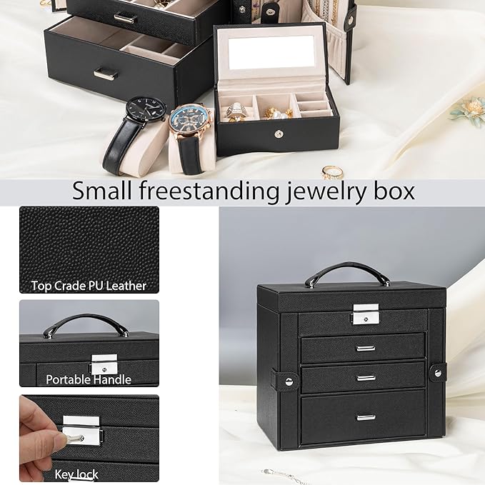 AKOZLIN 4-Tier Jewelry Box Lockable Leather Jewelry Storage Case Organizer with 3 Drawers for Women Girls Ring Necklace Earri