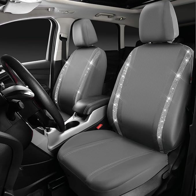 CAR PASS Gray Leather Bling Diamond Car Seat Covers 2 Front Interior Sets, Waterproof Universal Shining Glitter Crystal Sparkle Fit for 95% Automotive Truck SUV Cute Women Girl, Gray Rhinestone