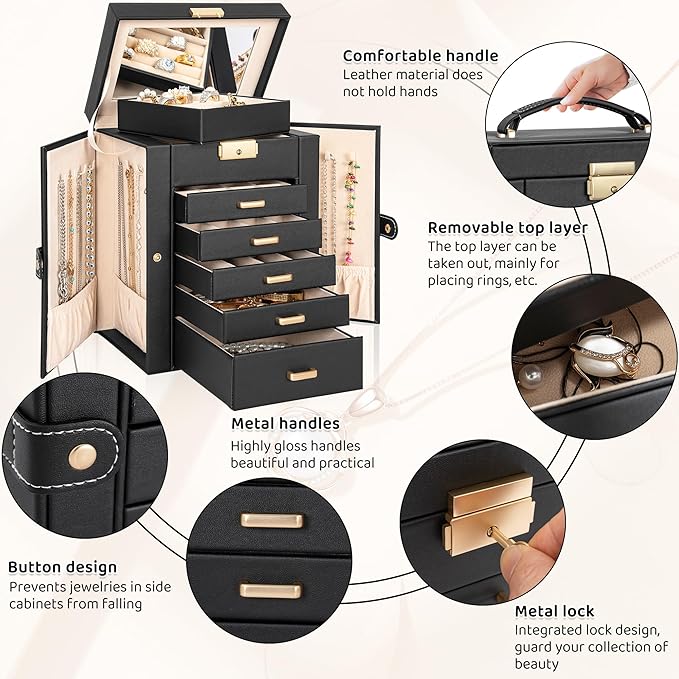 AKOZLIN 6-Tier Jewelry Box Lockable Leather Jewelry Storage Case with 5 Drawers for Women Girls Ring Necklace Earring Bracele
