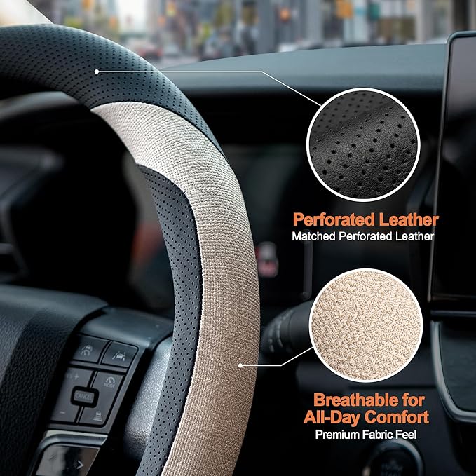 West Llama Customized Auto Car Steering Wheel Cover for Chevy Silverado, Tahoe, Equinox, Traverse, Trailblazer, Colorado(Black+Beige - Standard Size)