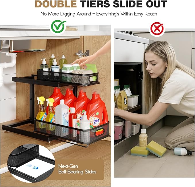 2-Pack Under Sink Storage Organizer with 2-Tier Slide Out Drawer, Sophisticated Mesh Pull Out Shelf for Kitchen & Bathroom, F