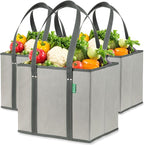 Creative Green Life Reusable Grocery Bags (3 Pack) – Heavy Duty Reusable Shopping Bags with Box Shape to Stand Up, Stay Open, Fold Flat – Large Tote Bags with Long Handles & Reinforced Bottom (Gray)