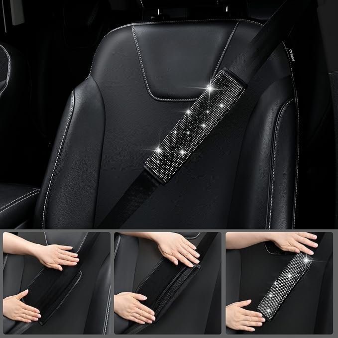 CAR PASS 23 PCS Bling Diamond Car Accessories Set for Women, Leather Seat Covers Full Set Floor Mats Steering Wheel Cover, Coasters Seat Belt Covers Phone Holder Universal Fit Car SUV Truck Van Black