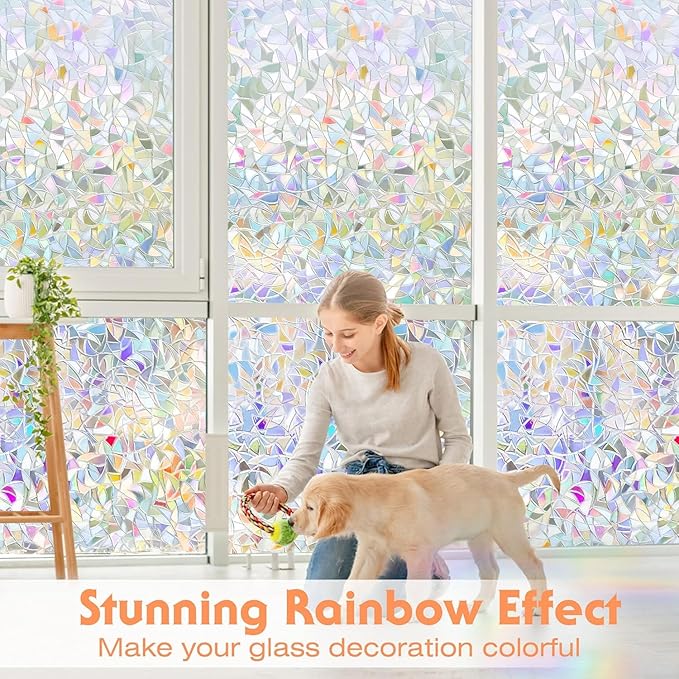 Hilarious Rainbow Window Privacy Film Glass Door Privacy Film Static Cling Tint Frosted 3D Decorative Window Film Sticker Privacy Decals Non-Adhesive Removable Stained Glass Film(39.4'' x 118'')