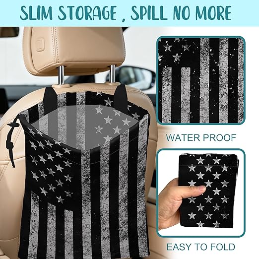 Car Garbage Bag Black and White American Flag Hanging Canvas Car Trash Bag Drawstring Car Back Seat Organizer for Car Back Front Seat Console with Adjustable Buckle