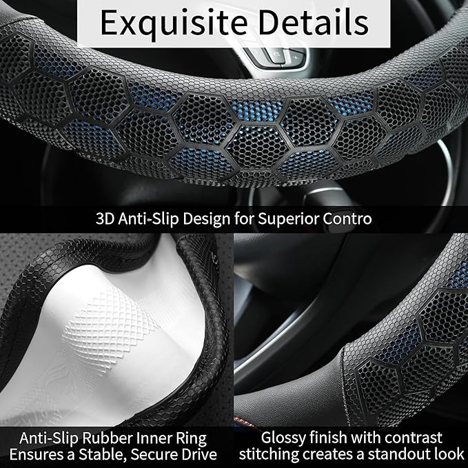 PU Leather Steering Wheel Cover 14.5-15 Inch, Carbon Fiber Style Grip, Non-Slip & Breathable, Universal for Sedan SUV Truck V