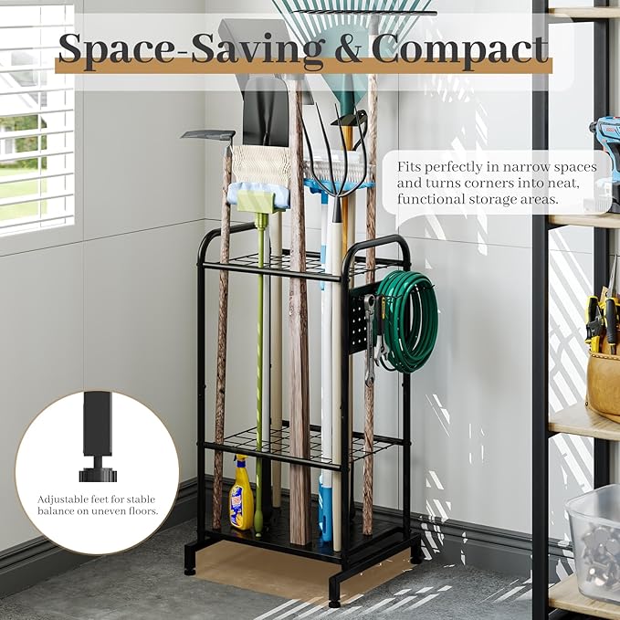 Garden Tool Organizer, Garage Tool Storage Rack, Heavy Duty Metal with Side Pegboard & Adjustable Hooks, Utility Racks for Sh