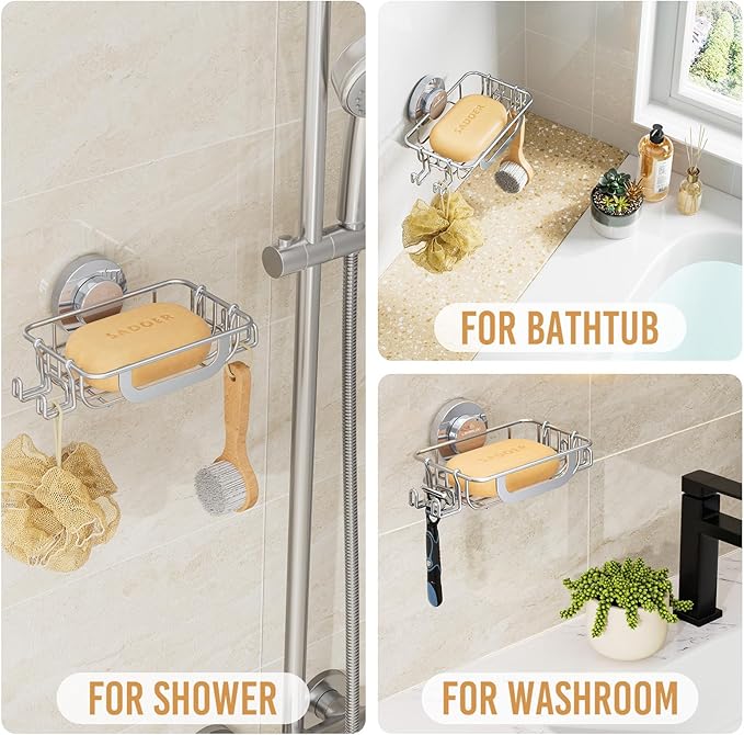 LEVERLOC Soap Holder Shower with Hooks, Bar Suction Cup Soap Dish Tray for Wall, Rust-Proof Stainless Steel Sponge Caddy for 