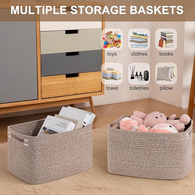 OIASKET Storage Baskets for Organizing, Woven Decorative Baskets for Shelves - Books, Towels, and Clothes, Cotton Rope Toy St