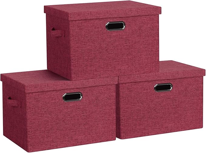 Graciadeco Large 17" 36 Quart Collapsible Stackable Storage Bins with Lids, 3 Packs Bright Red Linen Fabric Closet Boxes with