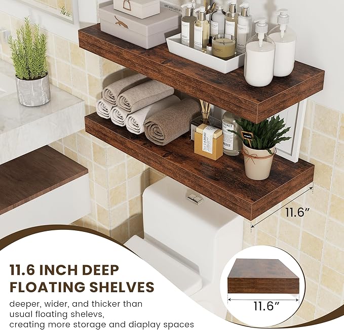 30 Inch Floating Shelves | 12 Inch Deep Brown Floating Shelves Set of 2 | 30" W x 12" D Rustic Wood Shelves for Wall | Deep B