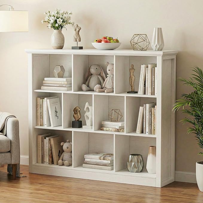 Unikito 10 Cube Storage Book Shelf - 50" Wide Wood Cube Storage Organizer, Wooden 3 Tiers Floor Standing Low Bookcase for Liv
