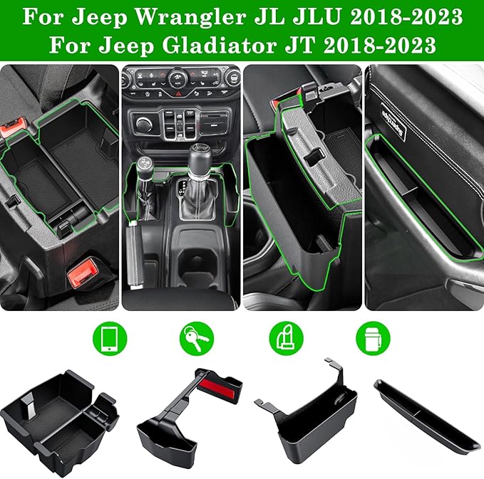 4PCS Center Console Organizer for 2018-2022 2023 Jeep Wrangler JL JLU and Gladiator JT Accessories Gear Shift Side Tray Organizer,Hanging Armrest Storage Box (Not for JK/JKU)