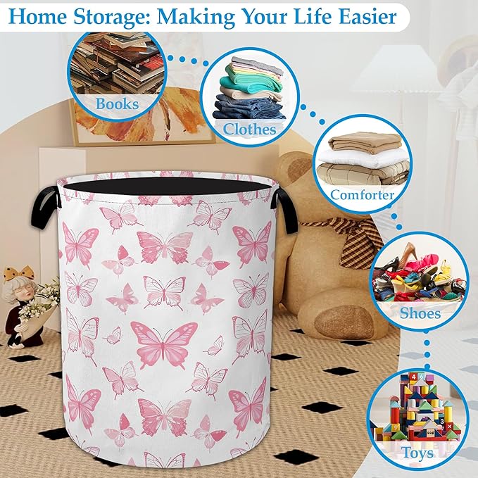 Pink Butterfly Laundry Basket Collapsible Laundry Hamper Clothes Toy Storage Bin for Bathroom Bedroom Room Decor 16" X 20.8"