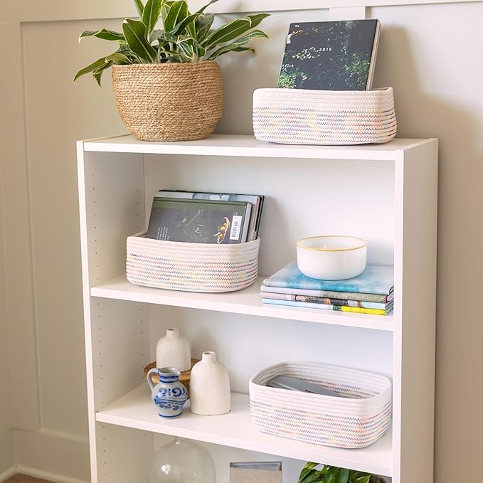 NaturalCozy 11.8"x8"x4.5” Rectangle Storage Baskets for Shelves 3 Pack | Cotton Rope Woven Small Baskets for Organizing | Sma