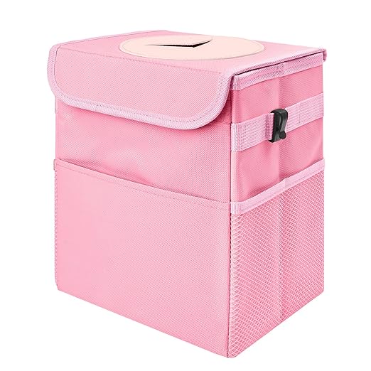 Car Trash Can Bin with Lid - Collapsible Car Garbage Can with Storage Pockets-Pink Mini Leakproof Vehicle Trash Bag-Small Automotive Organizers and Storage for Back/Front Seat SUV Truck Accessories