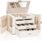 AKOZLIN 4-Tier Jewelry Box Lockable Leather Jewelry Storage Case Organizer with 3 Drawers for Women Girls Ring Necklace Earri
