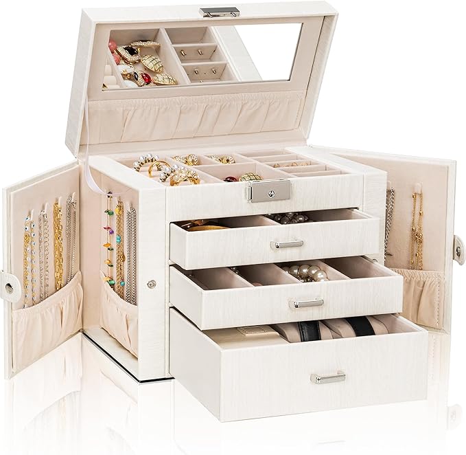 AKOZLIN 4-Tier Jewelry Box Lockable Leather Jewelry Storage Case Organizer with 3 Drawers for Women Girls Ring Necklace Earri