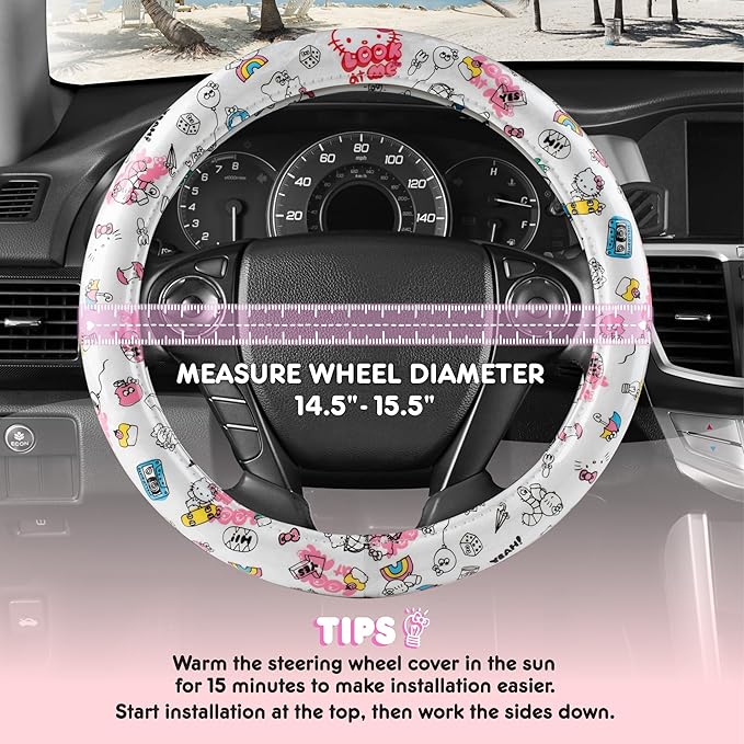 Hello Kitty Steering Wheel Cover, Official Sanrio Car Steering Wheel Cover with Universal Size 14.5-15, Cute White Hello Kitty Car Accessories for Women (Hello Kitty Look at Me)