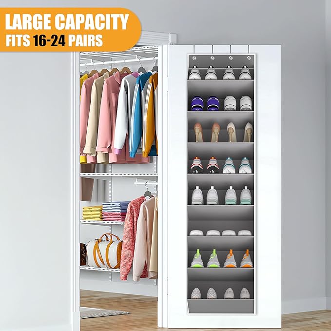 KYEVIS Over The Door Shoe Organizer Storage Fit 16-24 Pairs Hanging Shoe Rack Organiser for Closet Door, Deep Pocket Shoe Hol