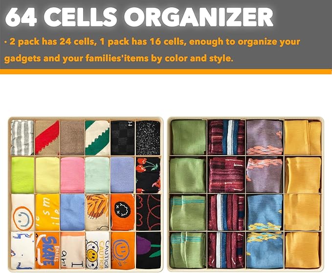 SpaceAid Sock Drawer Organizer Divider 3 Pack, 64 Cell Dresser Closet Nursery Underwear Organizers Storage Bins for Organizin