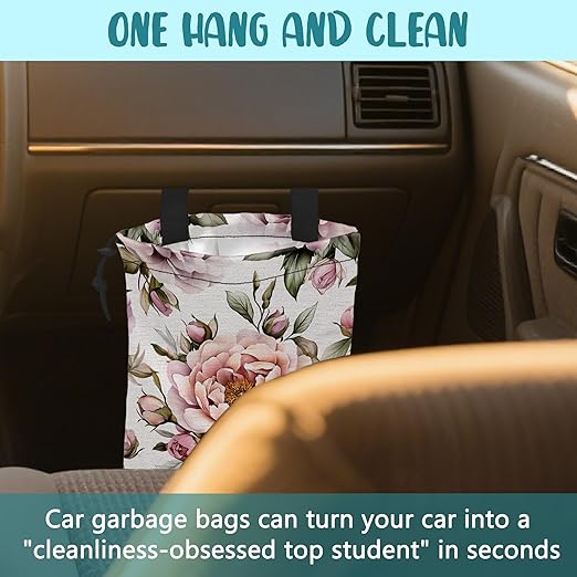 Car Trash Bag Pink Peonies and Green Leaves Leak-Proof Car Garbage Bag with Drawstring Foldable Canvas Trash Bin with Adjustable Buckle for Car Accessories