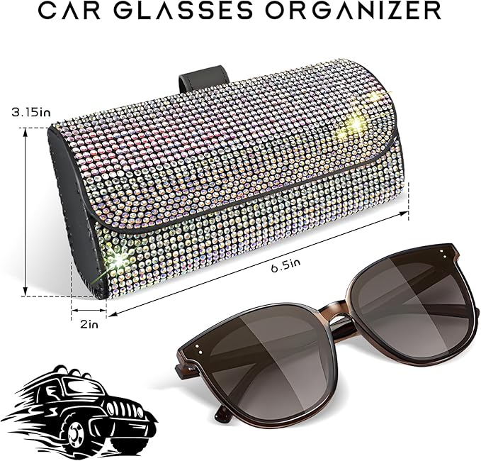Sunglasses Holder for Car Sun Visor, Bling Leather Eyeglasses Visor Storage Case with Hidden Magnetic Closure, Sparkling Auto Visors Protective Organizer Storage Box (Colorful)