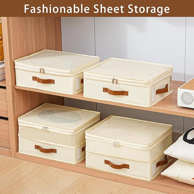Bed Sheet Organizers and Storage, 4 Pack Linen Closet Organizers with Adjustable Zipper, Foldable Bedding Storage for Queen o